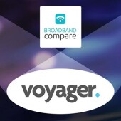 Spotlights shining on Voyage Broadband logo